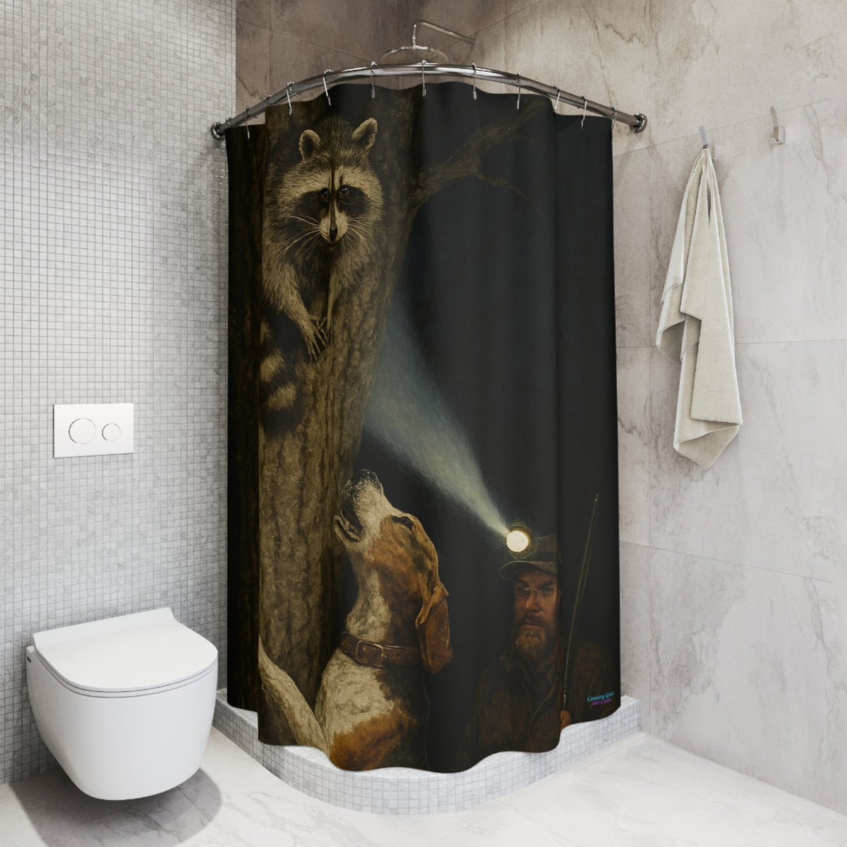 Shower Curtain — Night Forest Raccoon & Hound Bathroom Curtain, Man with Headlamp Wildlife Adventure