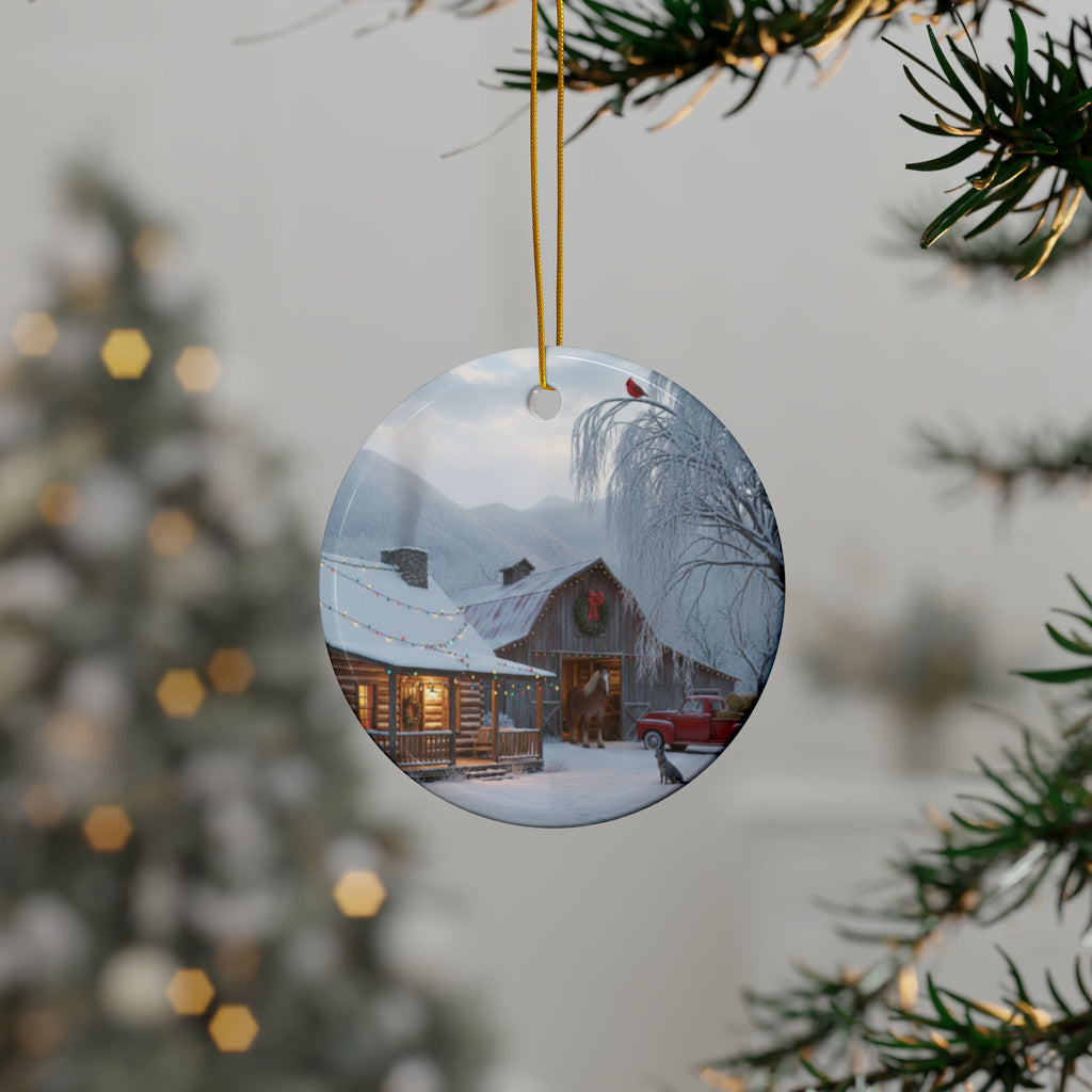 Round Ceramic Ornament — Snowy Cabin Winter Scene Holiday Decoration