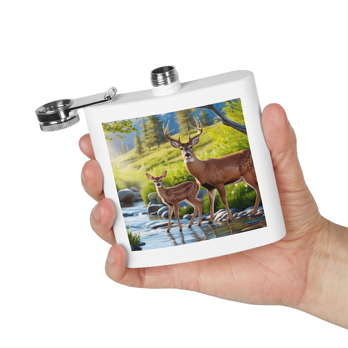 6oz Stainless Steel Flask — Deer & Fawn Streamside Woodland Design