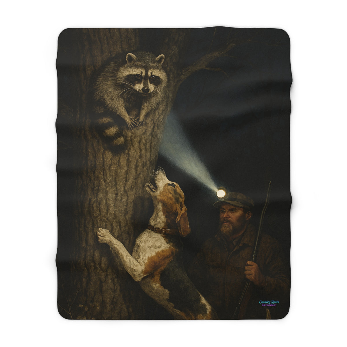 Sherpa Blanket with Hunting Dog & Raccoon Illustration — Cozy Cabin Throw for Outdoorsmen