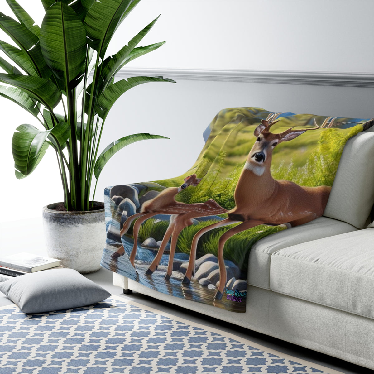 Deer Meadow Sherpa Blanket – Cozy Fawn & Buck Fleece Throw