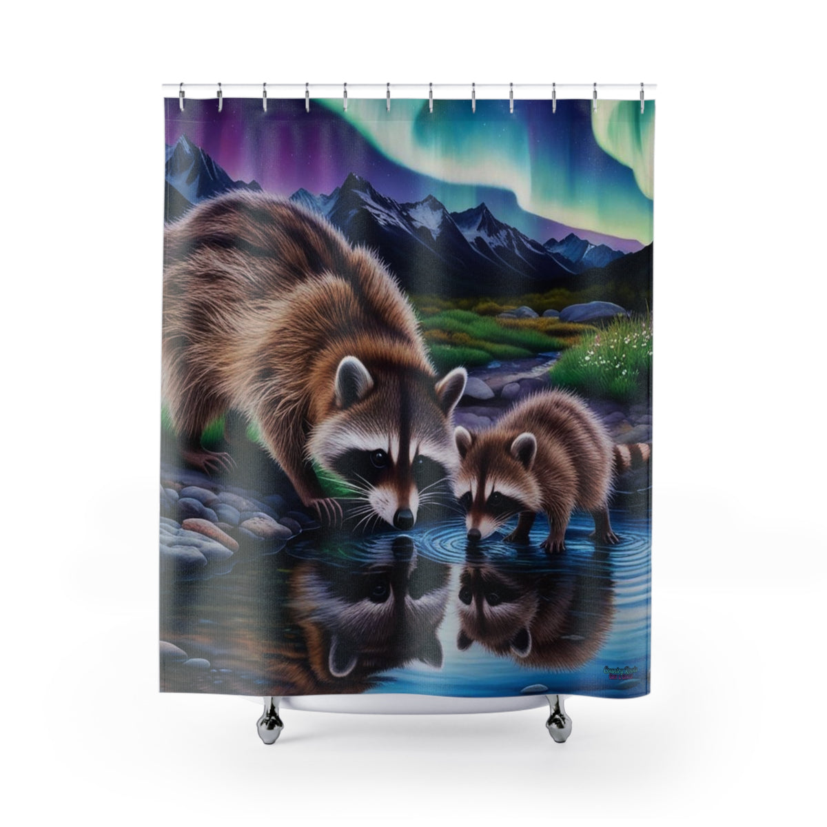 Raccoon Reflections Shower Curtain — Northern Lights Wildlife Bathroom Decor