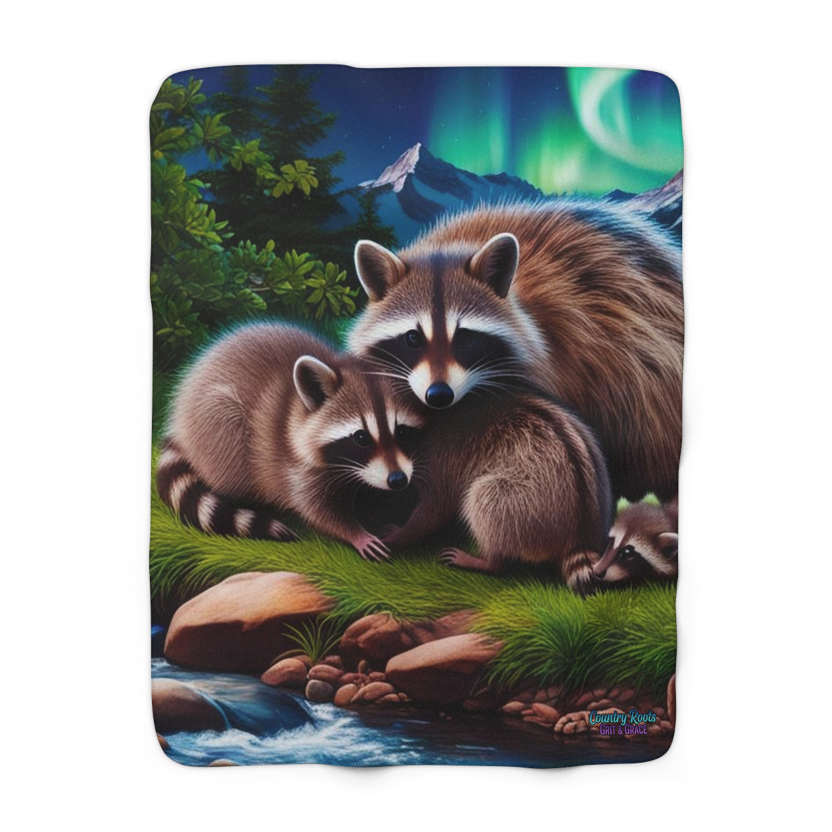 Raccoon Mama & Baby Sherpa Blanket – Cozy Fleece Throw with Northern Lights