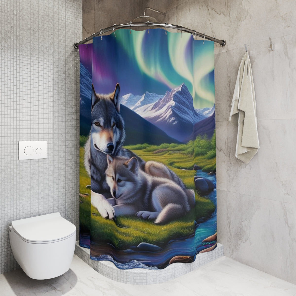 Northern Lights Wolf Shower Curtain — Aurora Borealis Wolf & Pup Bathroom Decor