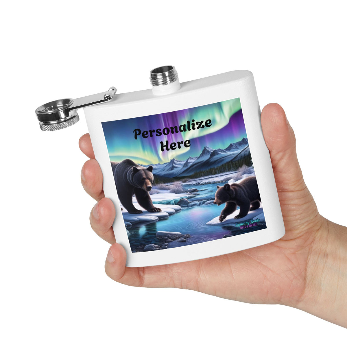 Personalized Northern Lights Bear Flask — 6oz Stainless Steel Hip Flask