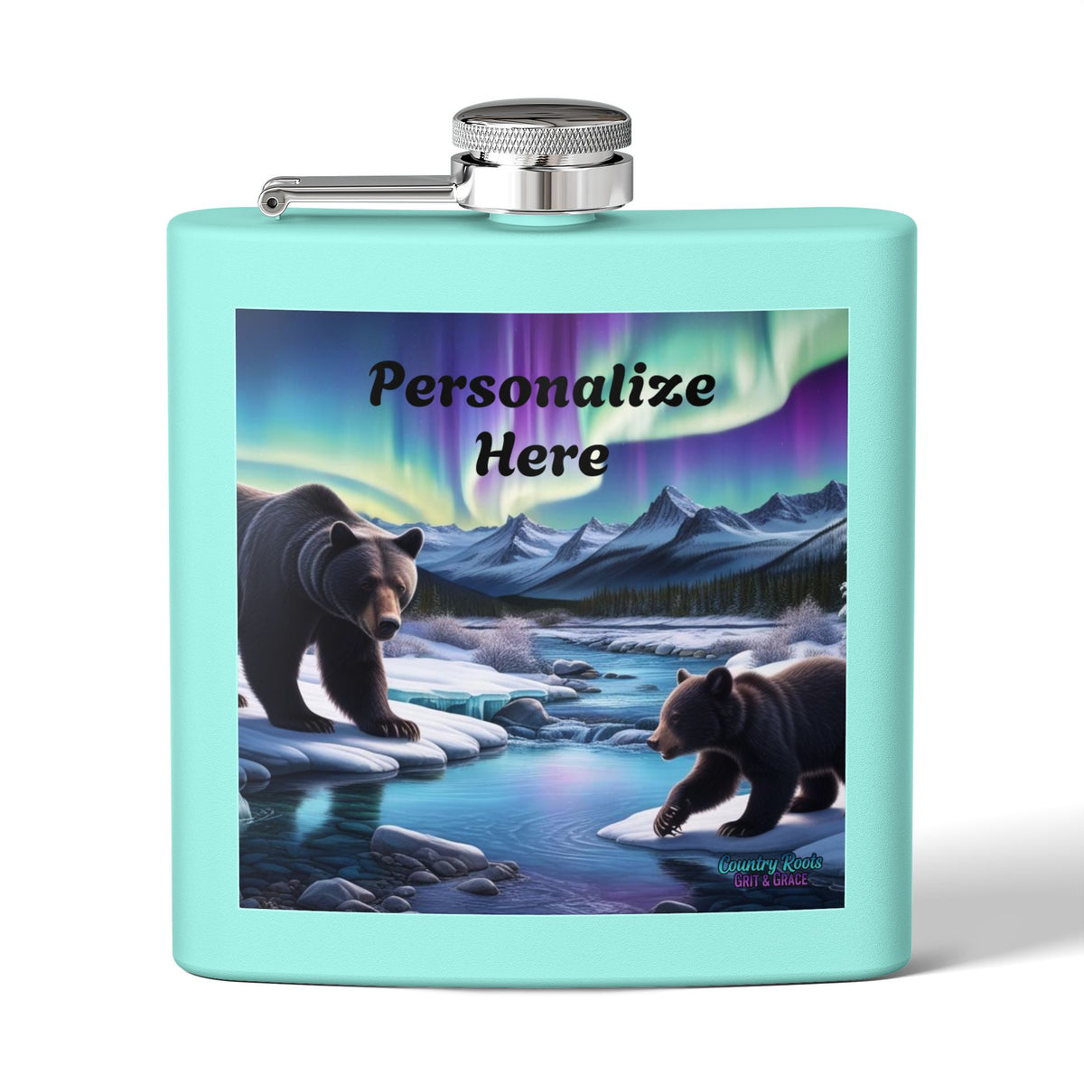 Personalized Northern Lights Bear Flask — 6oz Stainless Steel Hip Flask
