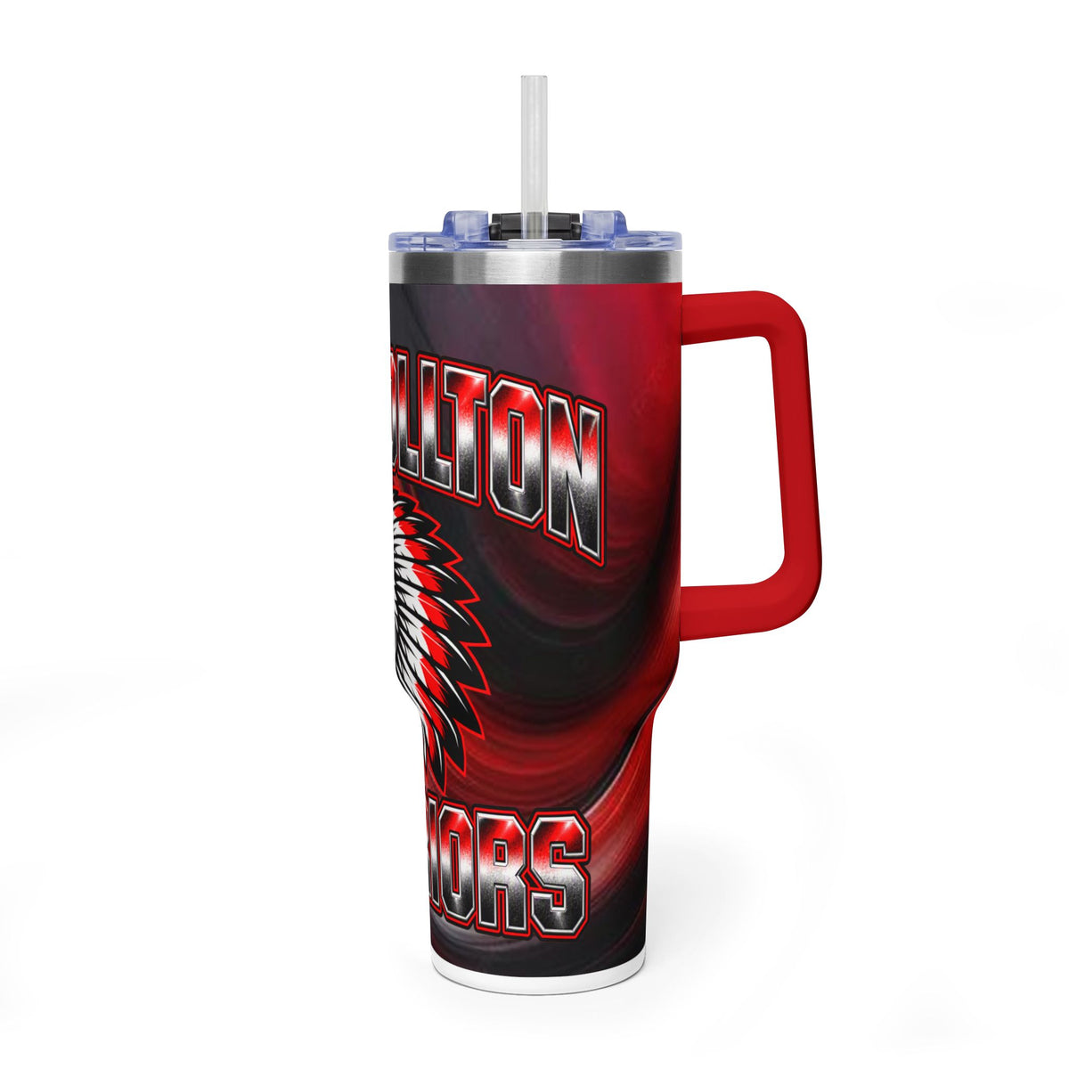 Warrior Mascot 40oz Vacuum Tumbler – Carrrollton Team Insulated Drinkware Different Colored Handles