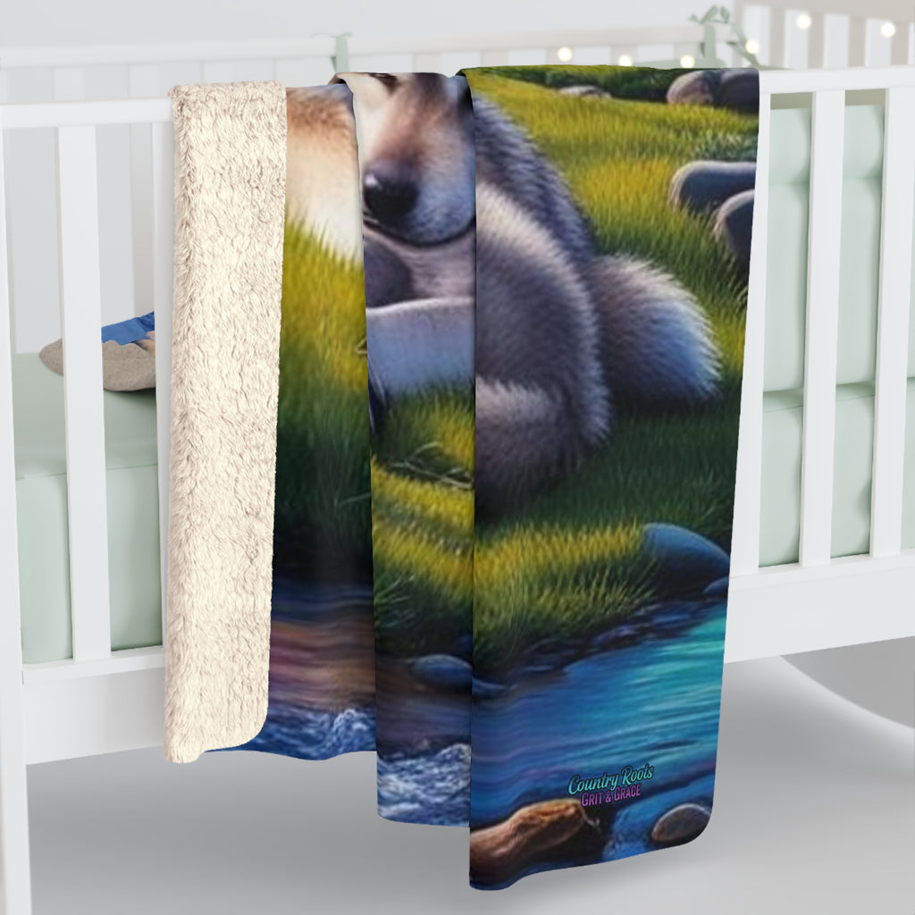 Aurora Wolf Sherpa Blanket — Cozy Northern Lights Fleece for Nature & Animal Lovers