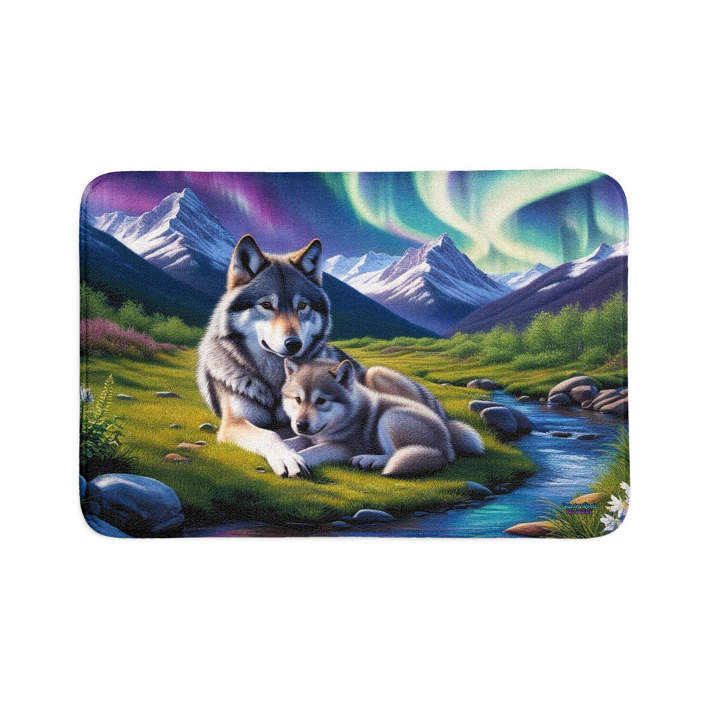 Wolf Family Bath Mat Set — 3-Piece Bathroom Rug with Mountain & Aurora Design
