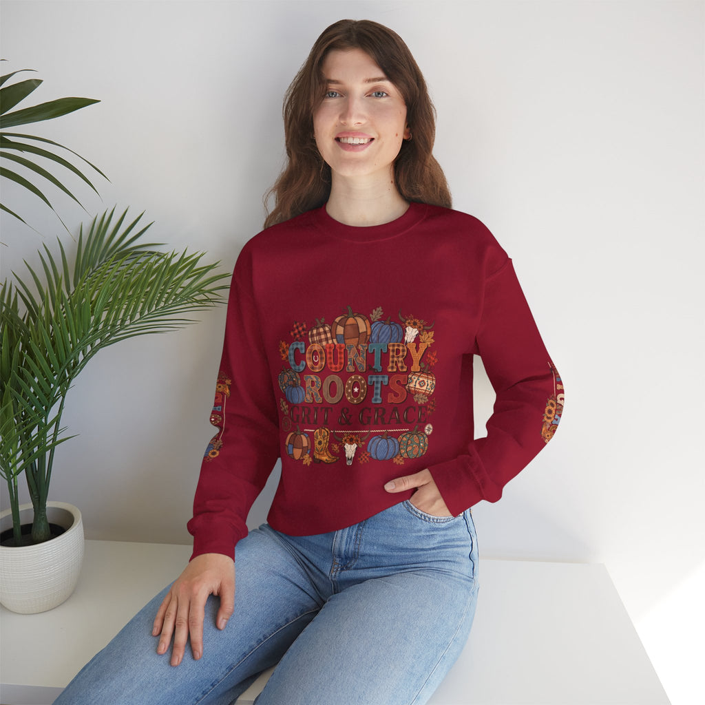 Country Roots Crewneck Sweatshirt — "Grit & Grace" Rustic Pumpkin Fall Design
