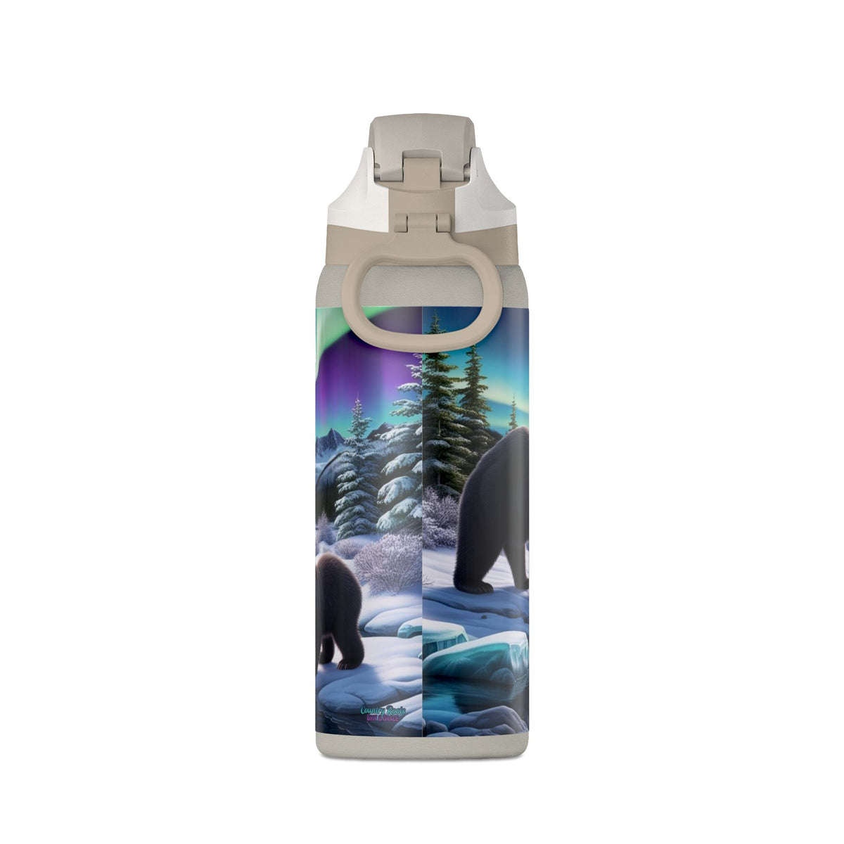 32oz Insulated Water Bottle — Northern Lights Bear Scene