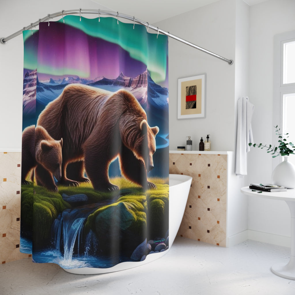 Bear Family Aurora Shower Curtain — Northern Lights Wilderness Bathroom Decor
