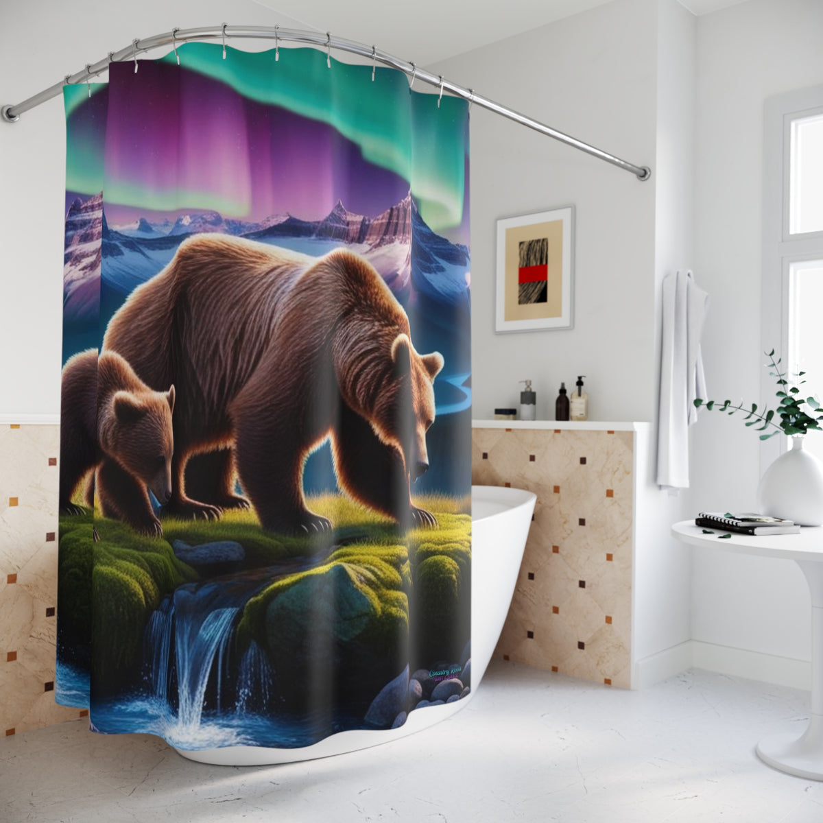 Bear Family Aurora Shower Curtain — Northern Lights Wilderness Bathroom Decor