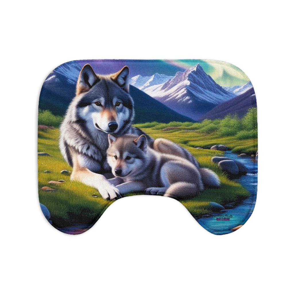 Wolf Family Bath Mat Set — 3-Piece Bathroom Rug with Mountain & Aurora Design