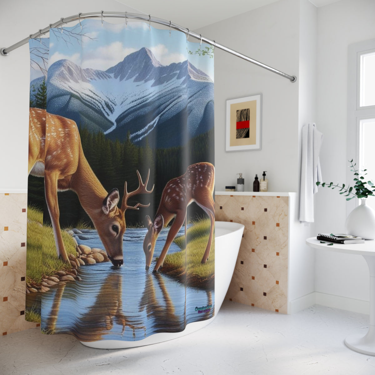 Deer Mountain Shower Curtain — Scenic Woodland Deer & Snowy Peaks Bathroom Decor
