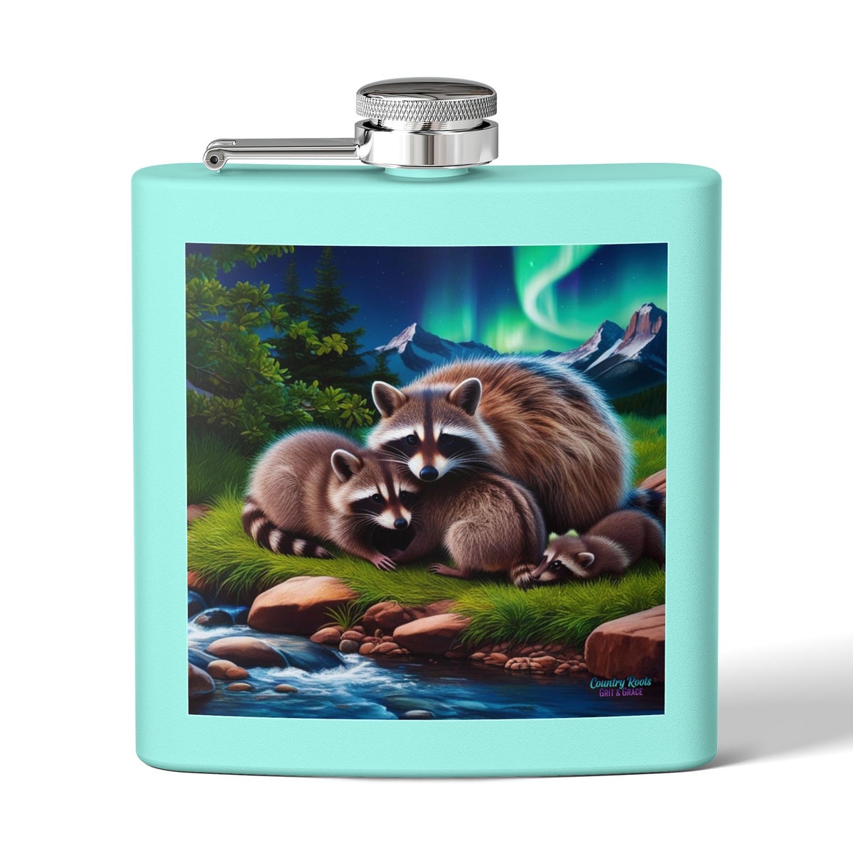 Raccoon Family 6oz Stainless Steel Flask — Woodland Night Aurora Design