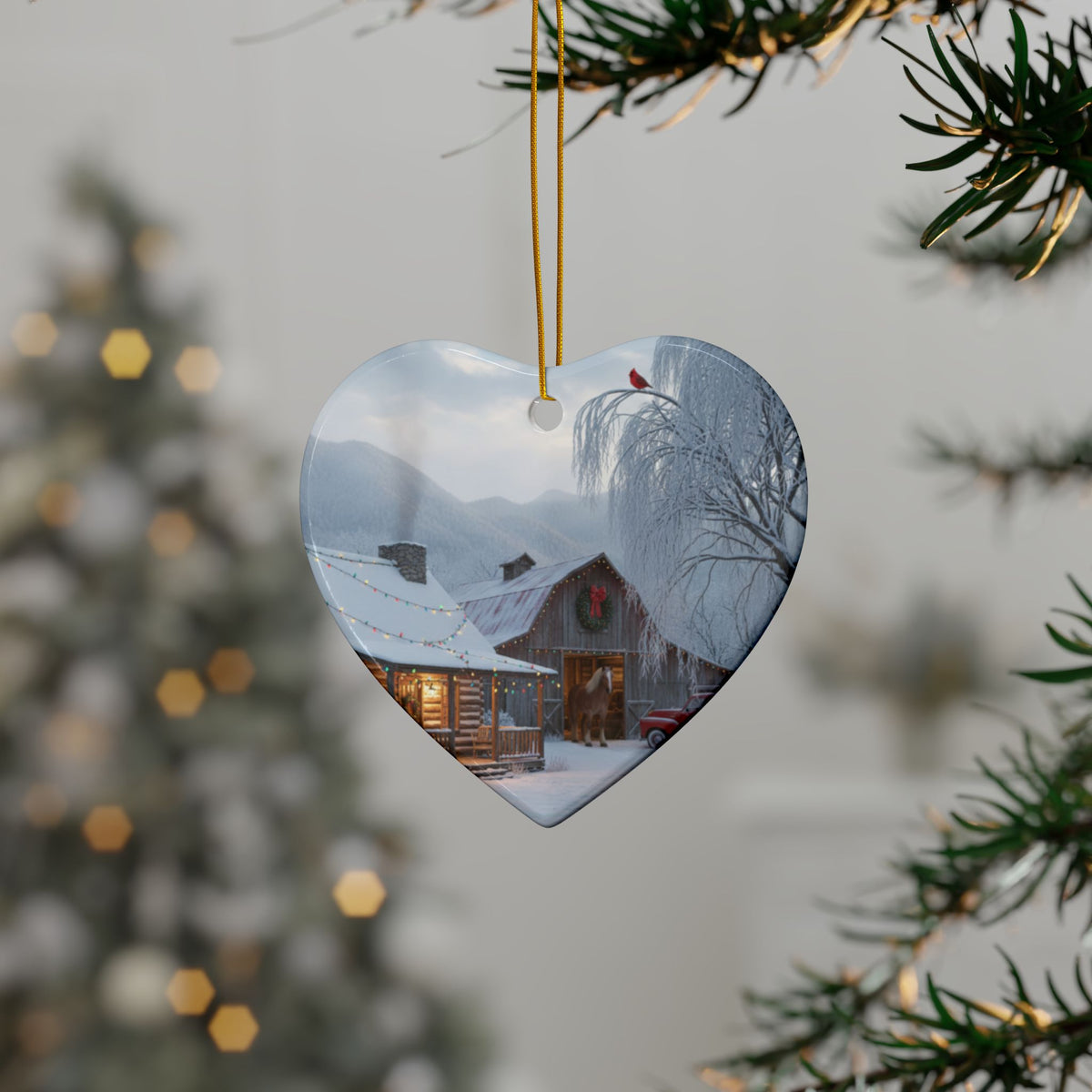 Round Ceramic Ornament — Snowy Cabin Winter Scene Holiday Decoration