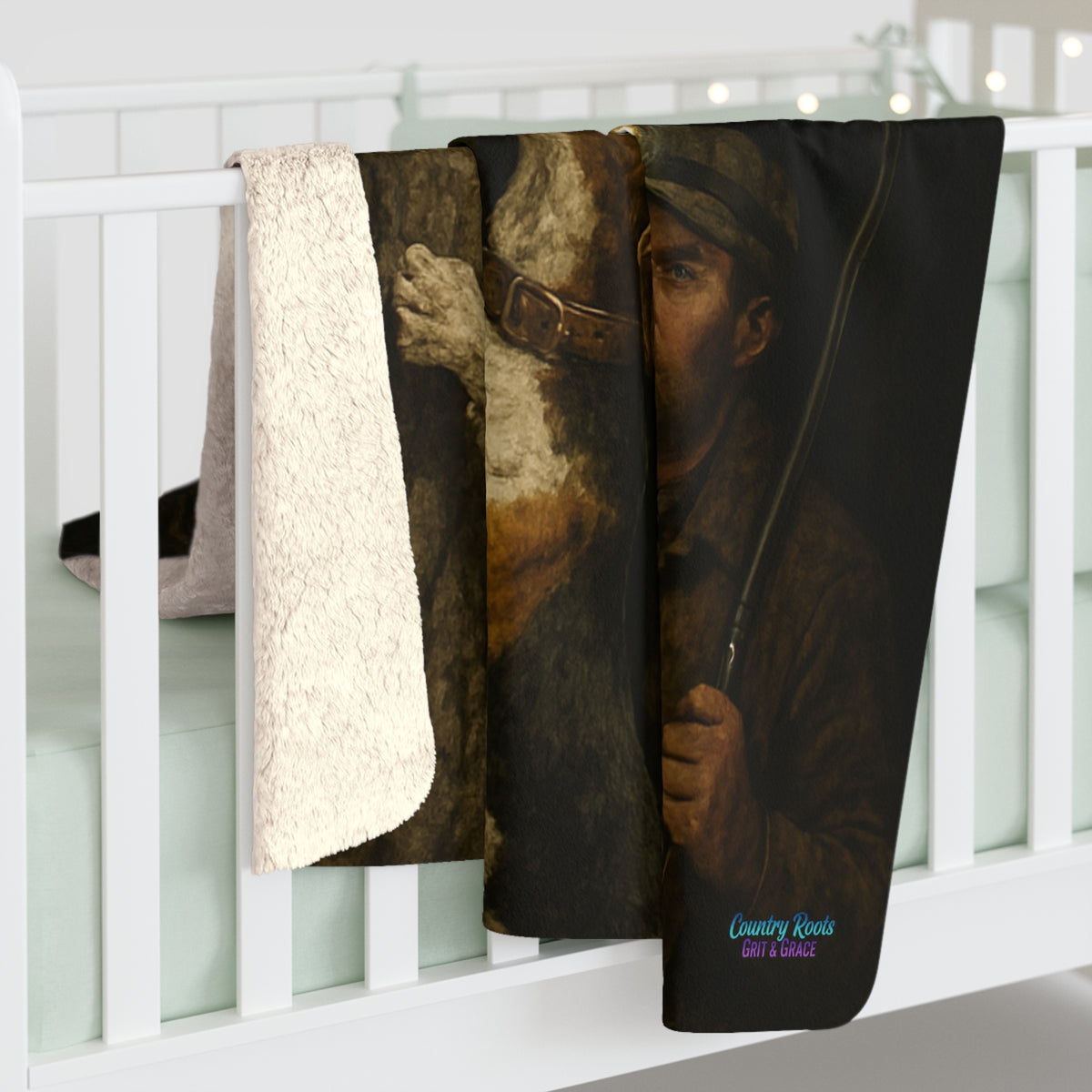 Sherpa Blanket with Hunting Dog & Raccoon Illustration — Cozy Cabin Throw for Outdoorsmen
