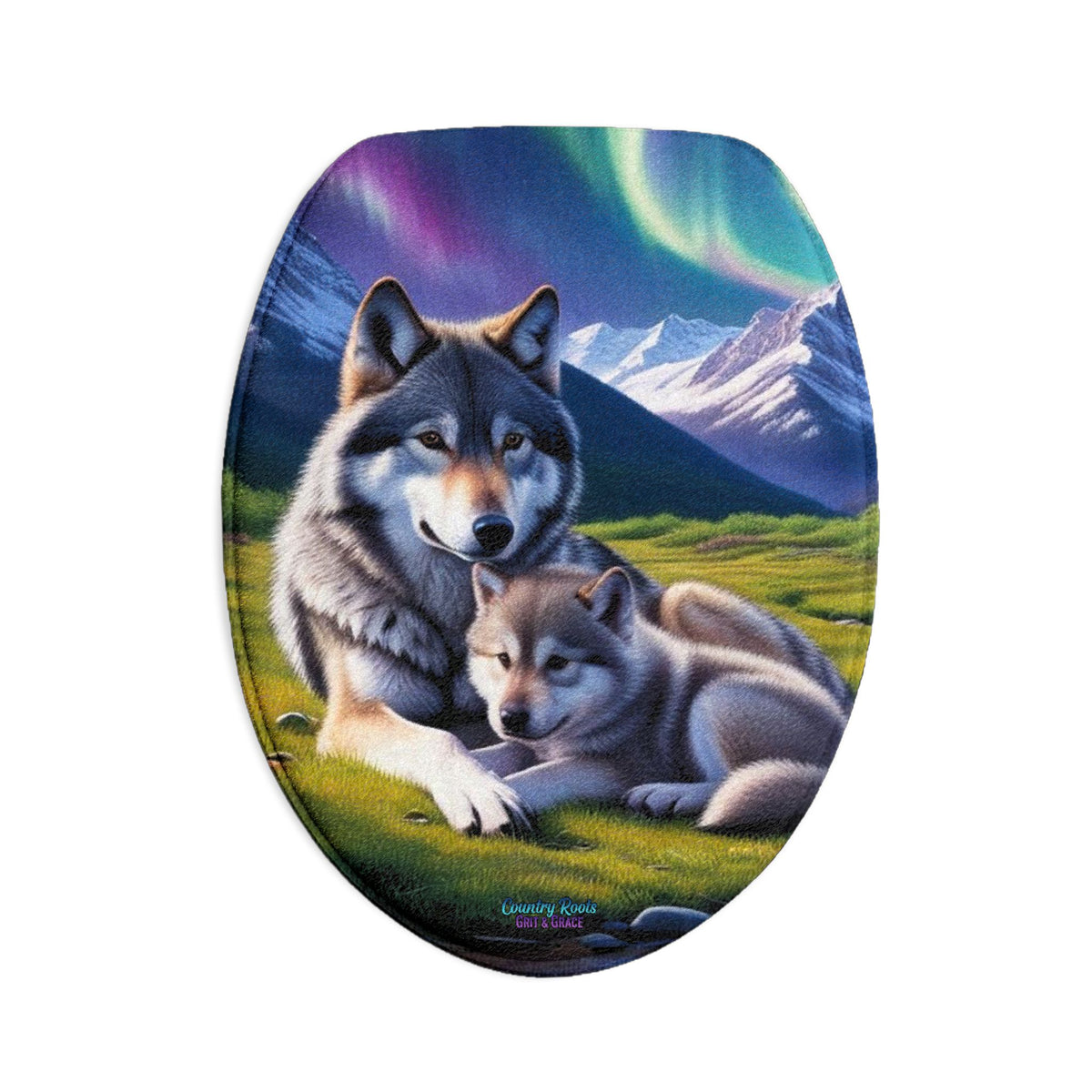 Wolf Family Bath Mat Set — 3-Piece Bathroom Rug with Mountain & Aurora Design