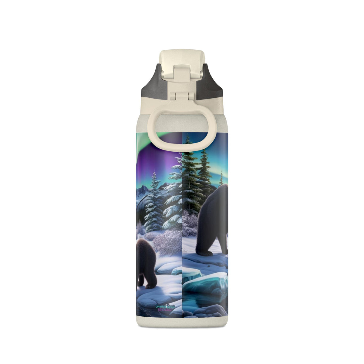 32oz Insulated Water Bottle — Northern Lights Bear Scene