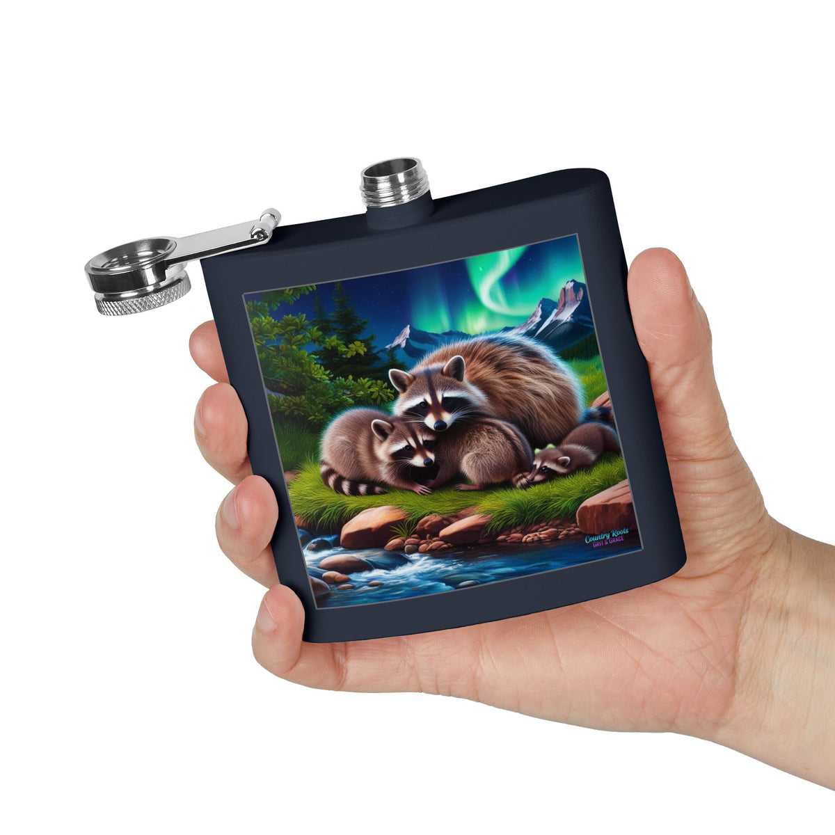 Raccoon Family 6oz Stainless Steel Flask — Woodland Night Aurora Design