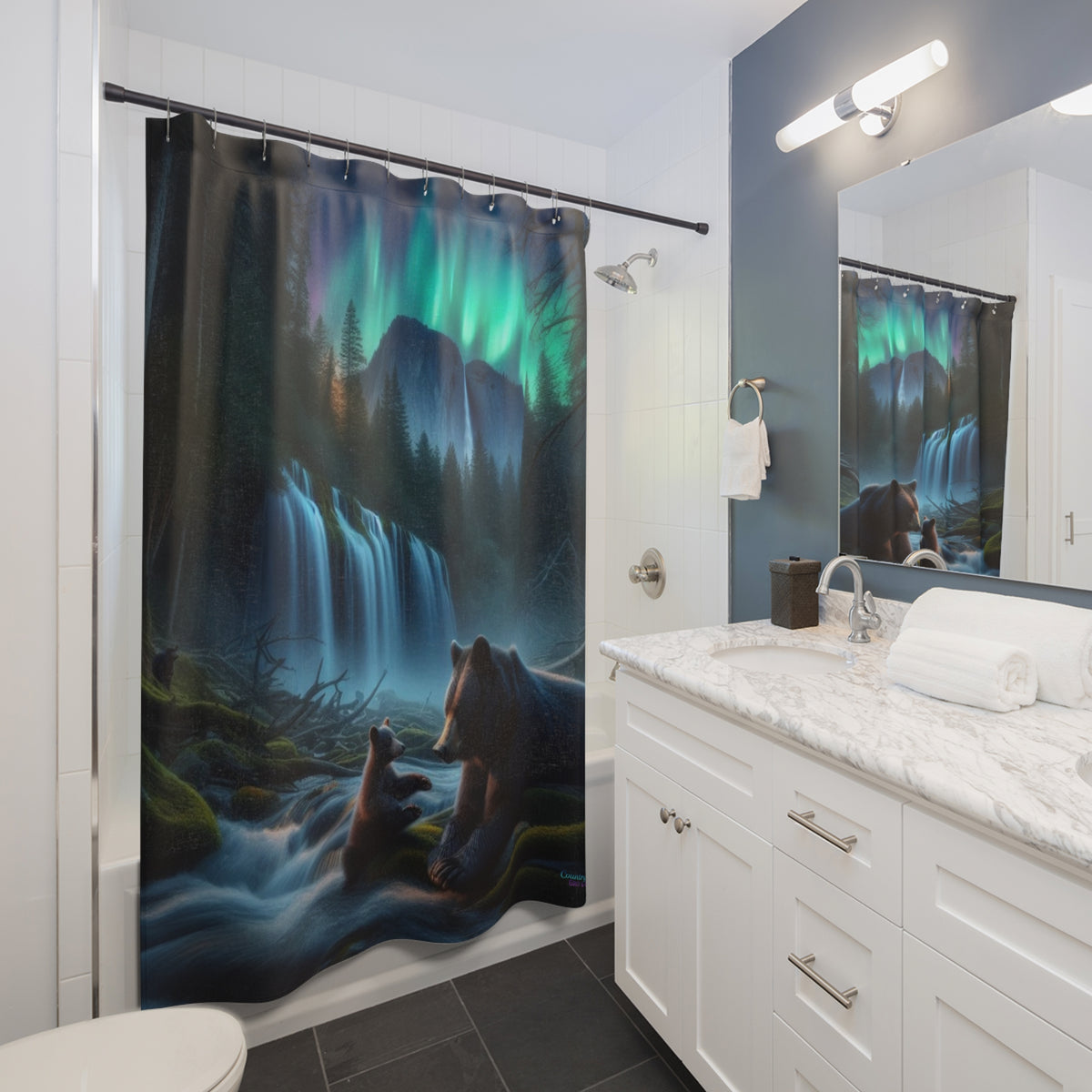 Aurora Wilderness Shower Curtain — Bear & Cub Waterfall Nature Scene