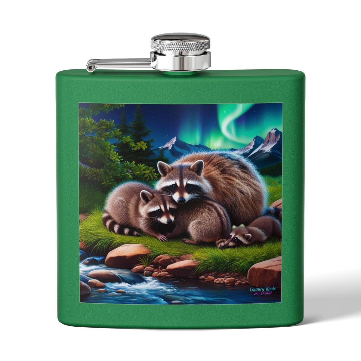 Raccoon Family 6oz Stainless Steel Flask — Woodland Night Aurora Design