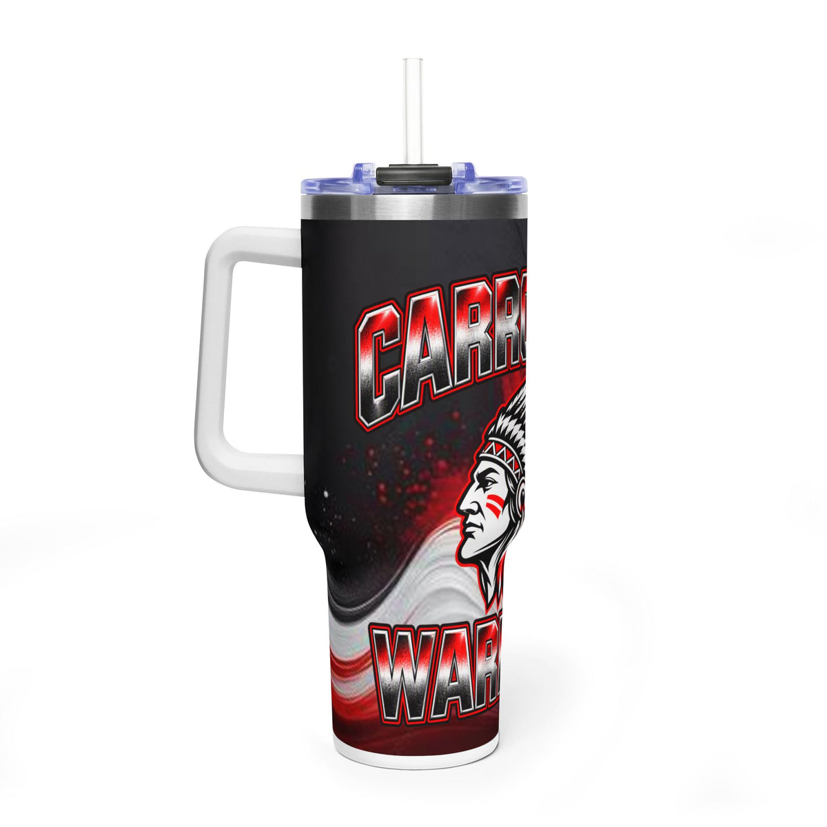 Warrior Mascot 40oz Vacuum Tumbler – Carrrollton Team Insulated Drinkware Different Colored Handles