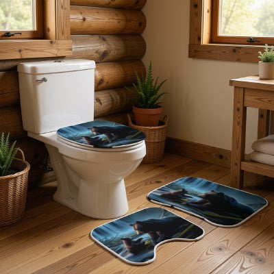 Bear Family Bath Mat Set — 3-Piece Forest Waterfall Bathroom Rug Set