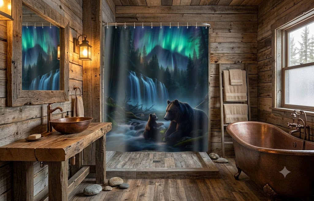 Aurora Wilderness Shower Curtain — Bear & Cub Waterfall Nature Scene
