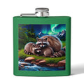 Raccoon Family 6oz Stainless Steel Flask — Woodland Night Aurora Design