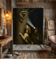 Shower Curtain — Night Forest Raccoon & Hound Bathroom Curtain, Man with Headlamp Wildlife Adventure
