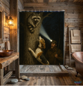 Shower Curtain — Night Forest Raccoon & Hound Bathroom Curtain, Man with Headlamp Wildlife Adventure