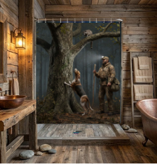 Hunter in the Woods Shower Curtain — Rustic Hunting Cabin Bathroom Décor