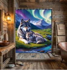 Northern Lights Wolf Shower Curtain — Aurora Borealis Wolf & Pup Bathroom Decor