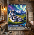 Northern Lights Wolf Shower Curtain — Aurora Borealis Wolf & Pup Bathroom Decor