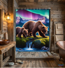 Bear Family Aurora Shower Curtain — Northern Lights Wilderness Bathroom Decor