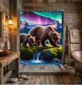 Bear Family Aurora Shower Curtain — Northern Lights Wilderness Bathroom Decor