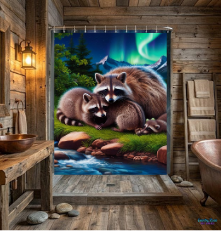 Raccoon Family Shower Curtain — Northern Lights Woodland Bathroom Decor