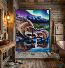 Raccoon Reflections Shower Curtain — Northern Lights Wildlife Bathroom Decor