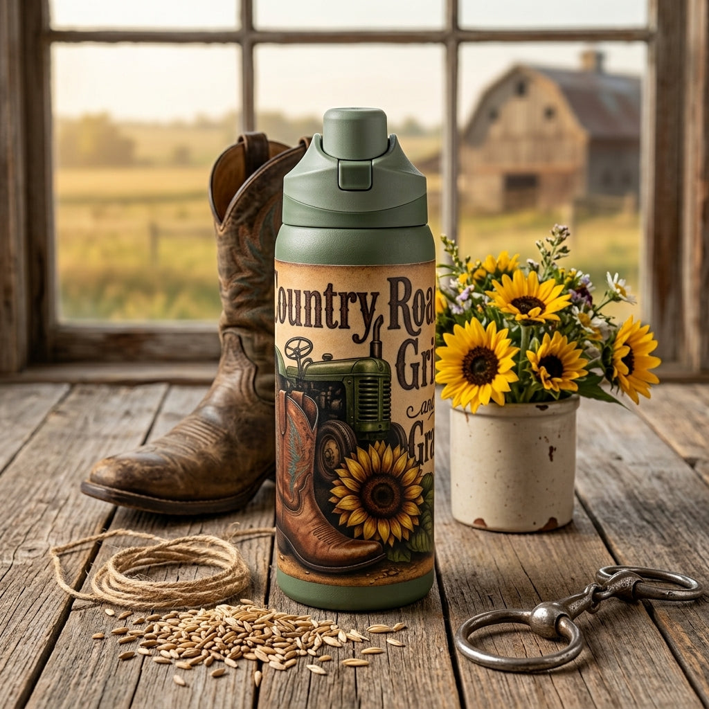 Insulated Water Bottle — Country Roots Girl Design (32oz)