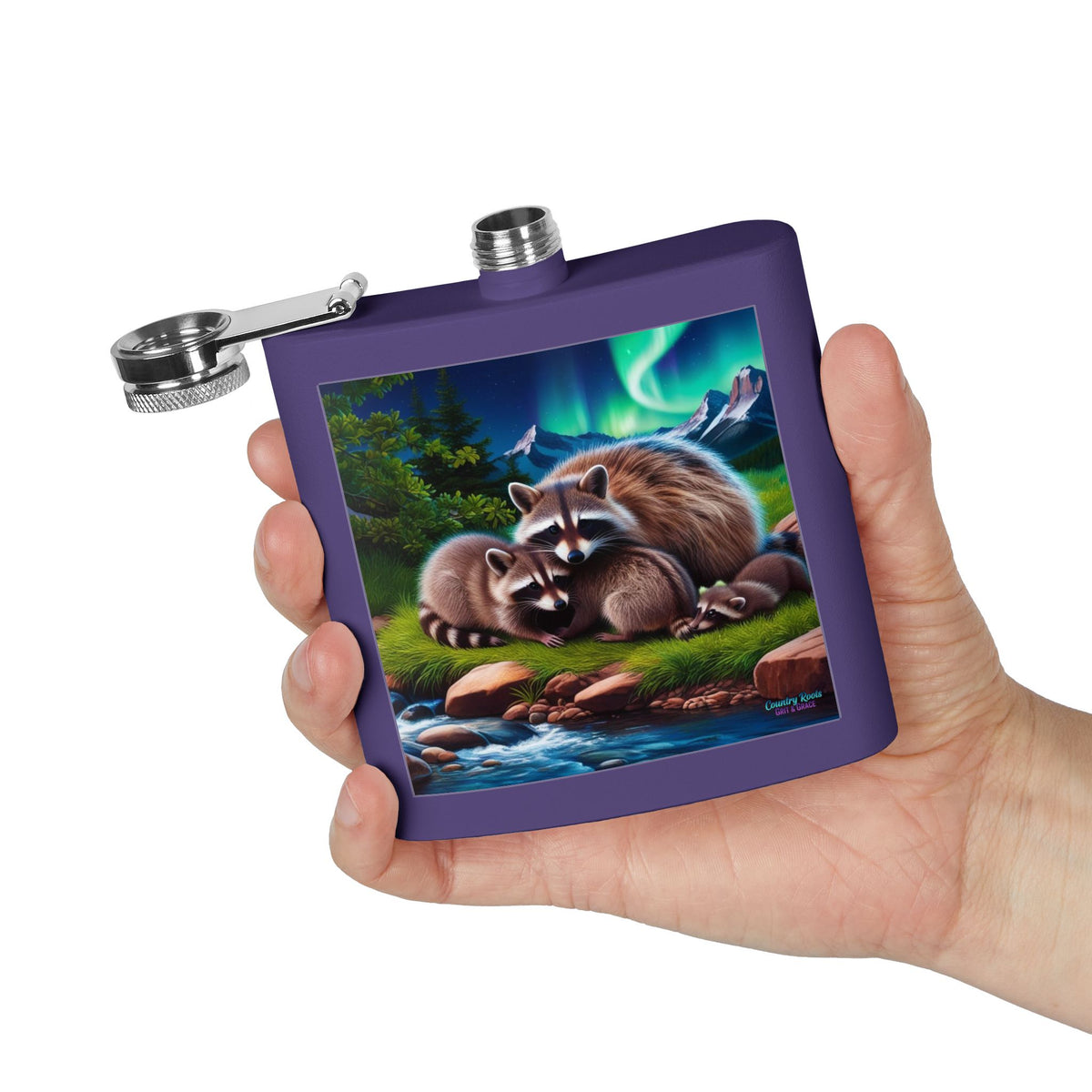 Raccoon Family 6oz Stainless Steel Flask — Woodland Night Aurora Design