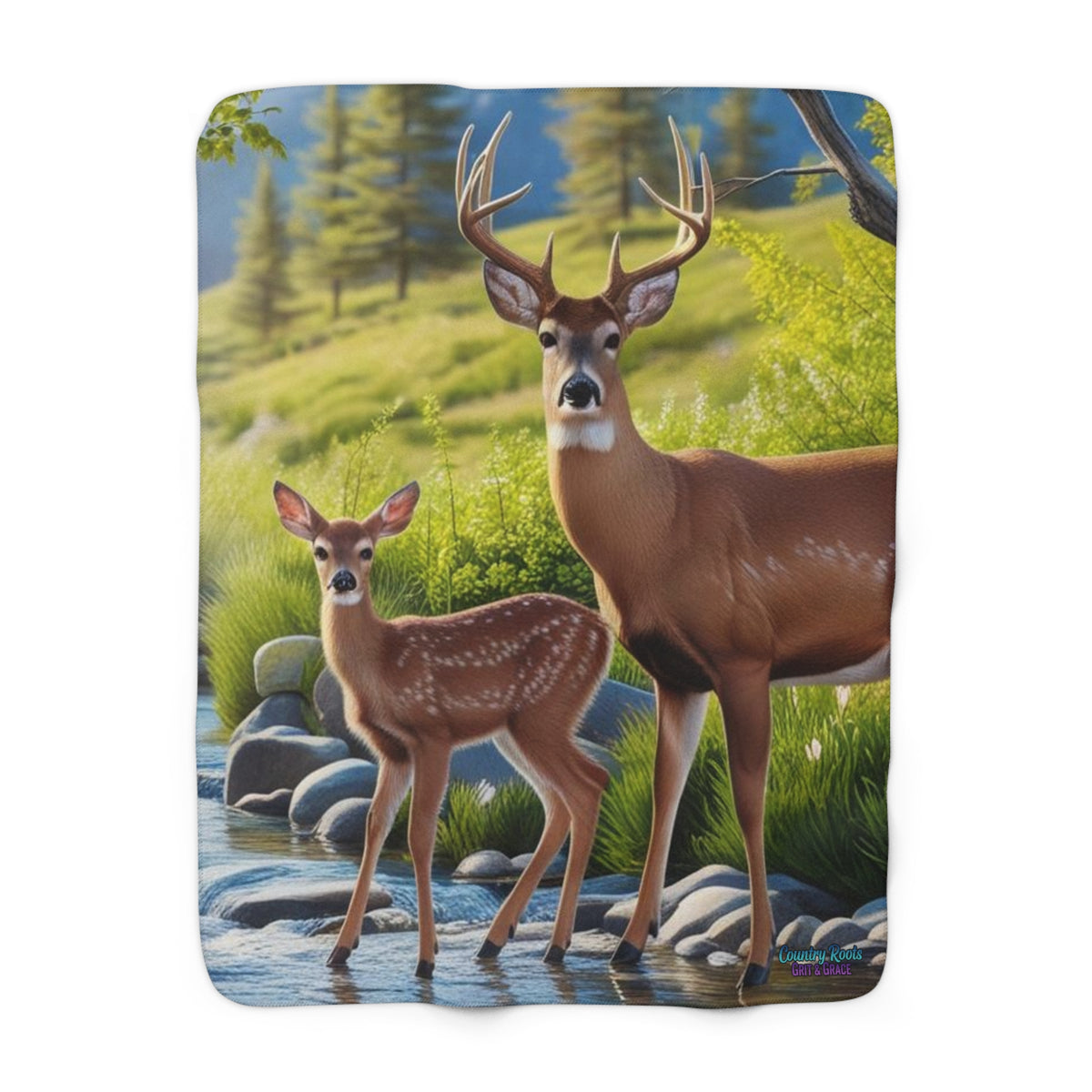Deer Meadow Sherpa Blanket – Cozy Fawn & Buck Fleece Throw
