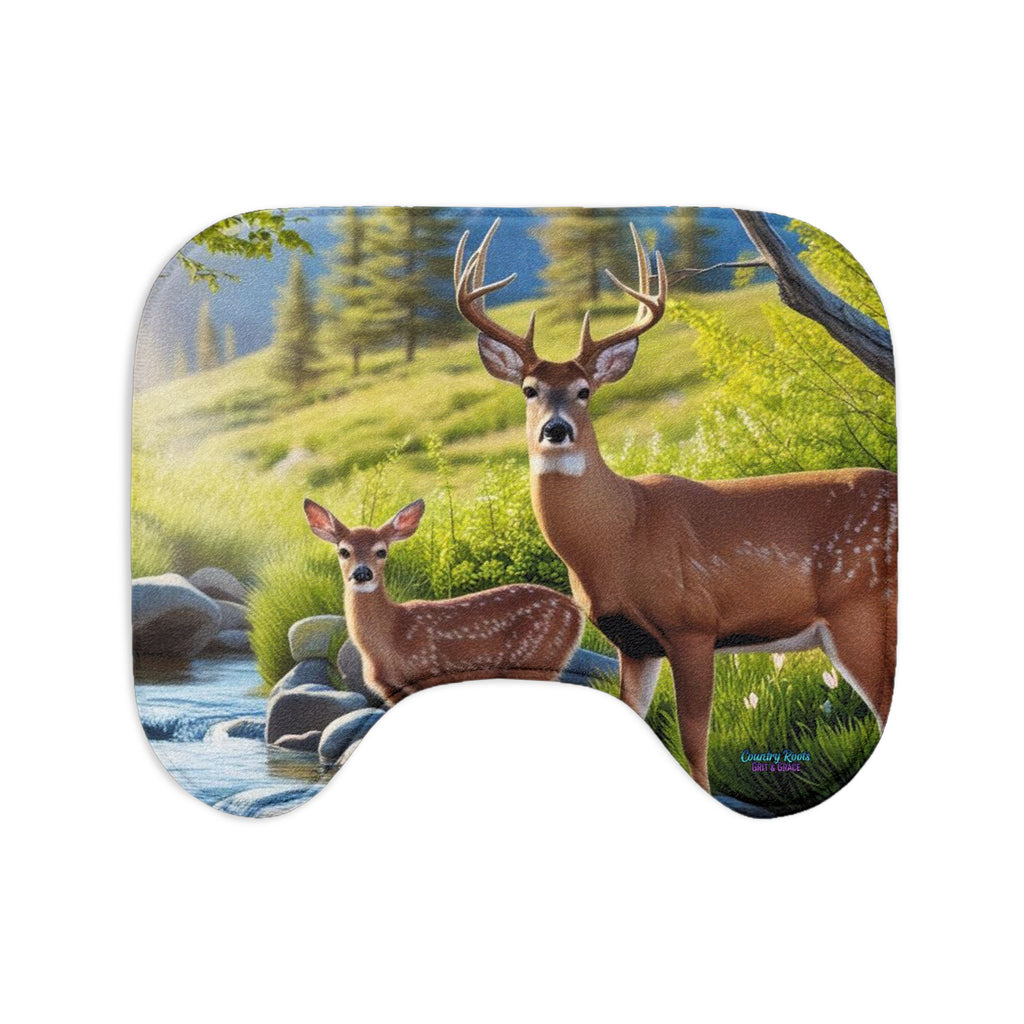 Deer Family 3-Piece Bath Mat Set — Woodland River Scene Bathroom Rugs