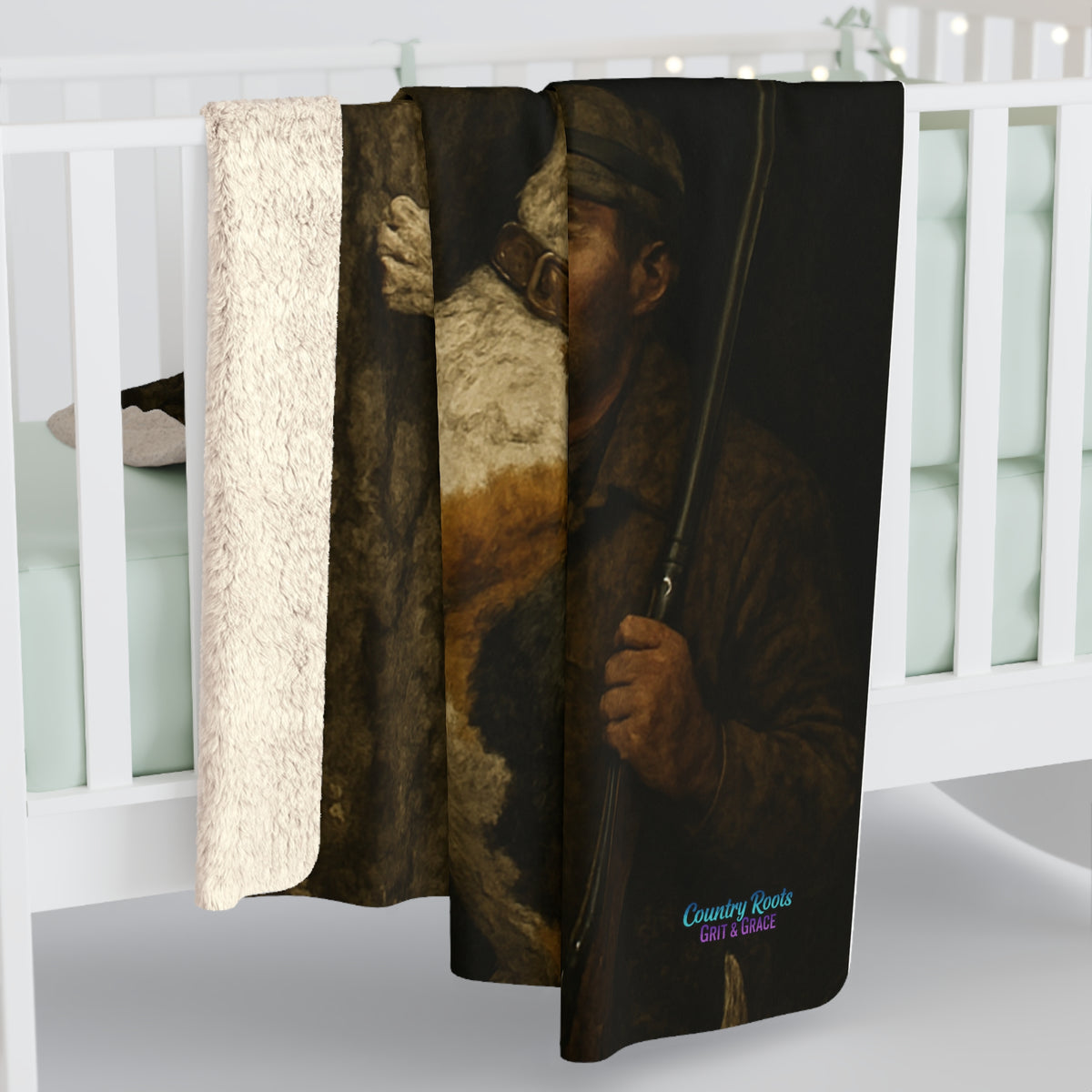 Sherpa Blanket with Hunting Dog & Raccoon Illustration — Cozy Cabin Throw for Outdoorsmen