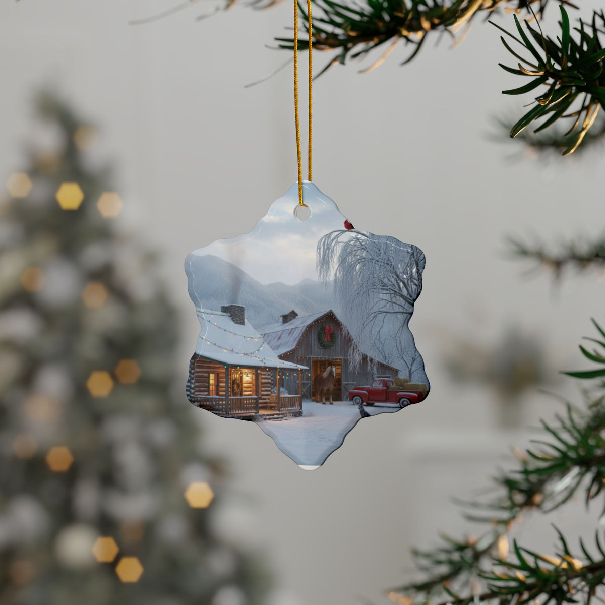 Round Ceramic Ornament — Snowy Cabin Winter Scene Holiday Decoration