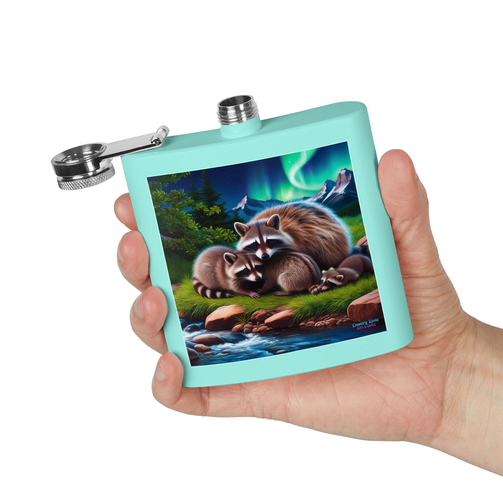 Raccoon Family 6oz Stainless Steel Flask — Woodland Night Aurora Design