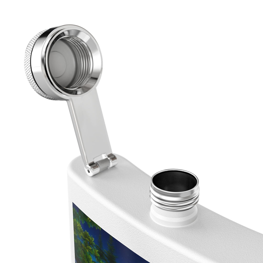 Raccoon Family 6oz Stainless Steel Flask — Woodland Night Aurora Design