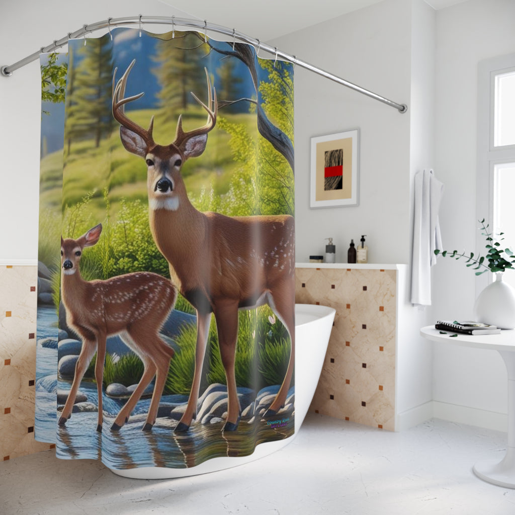 Deer Forest Shower Curtain – Majestic Buck and Fawn Nature Bathroom Décor