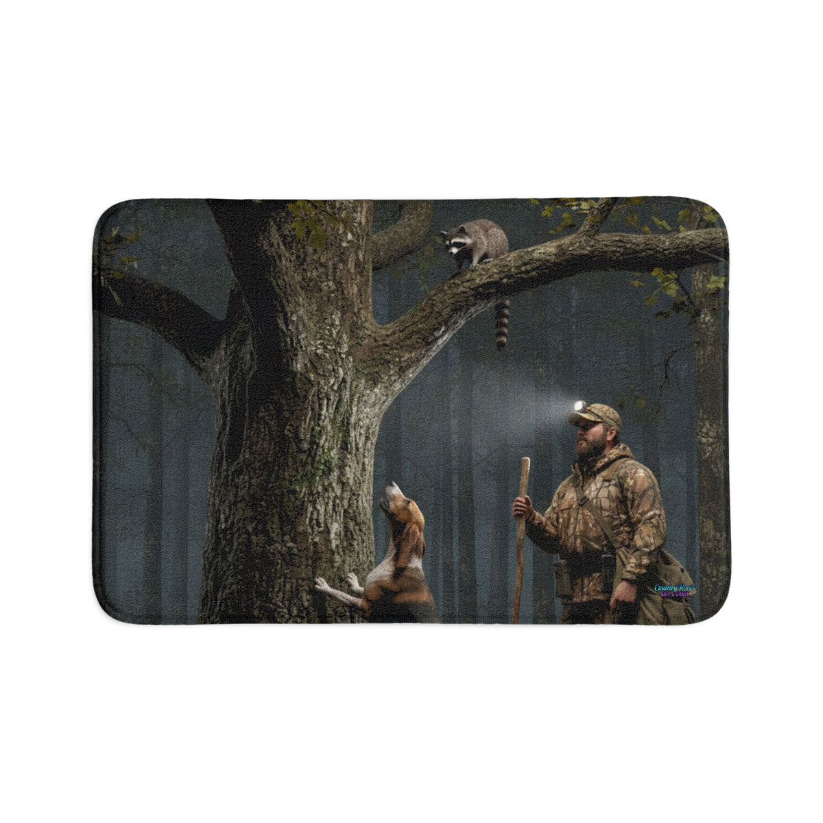 Cabin Hunter Bath Mat Set — Rustic Camouflage Hunting Scene 3-Piece Bathroom Rug